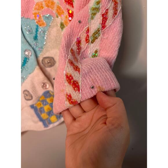 2000s Design Options Pastel Rainbow Christmas Snowman Chenille Glam Cardigan XL - Picture 7 of 10